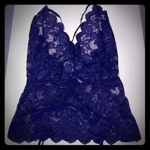 Navy Blue Floral Lace Garter Slip w/ Thong!